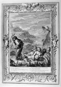 Deucalion i Pyrra ponownie zaludniają świat, rzucając za sobą kamienie, 1733 autorstwa Bernard Picart