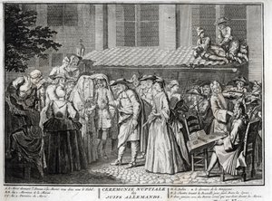 Ślub żydowski w żydowskiej społeczności niemieckiej Grawer z „Illustration de ceremonies et custom religieuses de les peuples du monde” Bernarda Picarta (1723-1743) 1819 Ze zbiorów prywatnych autorstwa Bernard Picart