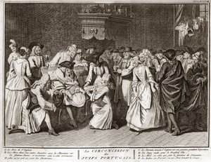 Judaizm: ceremonia obrzezania w żydowskiej społeczności portugalskiej Rycina z „Ilustracja obrzędów i zwyczajów religijnych wszystkich narodów świata” Bernarda Picarta (1723-1743) 1819 Kolekcja prywatna autorstwa Bernard Picart