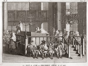 Judaizm: dźwięk rogu pierwszego dnia roku ((dźwięk schofar a Rosch ha-schana) (Święto Żydowskiego Nowego Roku: Dmuchanie w szofar w Rosz Haszana) Rycina z „” Ilustracja ceremonii religijnych i zwyczaje wszystkich narodów autorstwa Bernard Picart