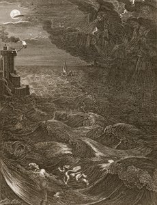 Leander płynie nad Hellespont, by spotkać swoją kochankę, bohaterkę, 1730 autorstwa Bernard Picart