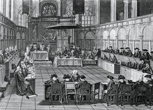 Synod protestancki w 1730 r. w Nieuwe Kerk (Nowy Kościół) w Amsterdamie, Holandia, rycina Bernard Picart (1673-1733) autorstwa Bernard Picart