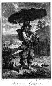 Reprezentacja Robinsona Crusoe na jego pustyni na wyspie. Grawer Bernarda Picarta (1673-1733) ilustrujący powieść Daniela Defoe lub De Foe (1660-1731)
