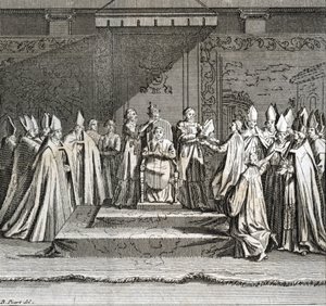 Uroczysta inauguracja pontyfikatu „Representation du coronation du Pope” (inauguracja papieska: koronacja papieża) Rycina z „Ilustracja obrzędów i zwyczajów religijnych wszystkich narodów świata” autorstwa Bernarda Picarta (1723-1743) autorstwa Bernard Picart