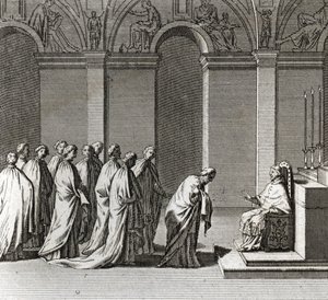 Uroczysta Inauguracja Pontyfikatu: „Adoracja Papieża w Kaplicy Sykstyńskiej” (Inauguracja Papieska: Kult Papieża w Kaplicy Sykstyńskiej) Rycina z „Ilustracji ceremonii i zwyczajów religijnych wszystkich narodów świata”” autorstwa Bernard Picart