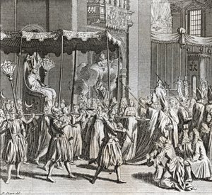 Uroczysta inauguracja pontyfikatu: palenie płótna) Rycina z „Illustration de ceremonies et custom religieuses de tous les peuples du monde” Bernarda Picarta (1723-1743) 1819 Kolekcja prywatna autorstwa Bernard Picart