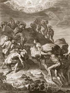 Giganci próbują wspiąć się na niebo, nakładając góry na drugie, 1731 autorstwa Bernard Picart