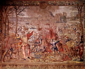 Polowania Maksymiliena zwane „Pięknymi polowaniami Guise”: miesiąc styczeń, Wodnik, polowanie na dziki, flambee, cure - Gobelin wykonany w warsztatach flamandzkich przez Bernarda van Orleya (Barend, Barent, Bernaert van Brussel