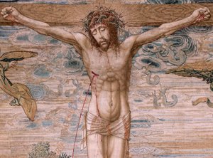 Flamandzki gobelin. Seria Dais Karola V (Baldachin Małgorzaty Austrii). Chrystus Miłosierdzia (Cristo de la Misericordia). Panel gobelinowy za podium. Model Bernard van Orley (1491-1542). Manufaktura Pieter de Pannemaker, Bruksela. 1518-1524. Tkanina G autorstwa Bernard van Orley