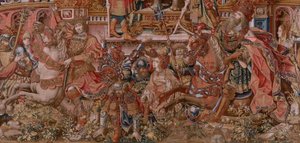 Flamandzki gobelin. Seria Honory. Sława (La Fama). Trzeci gobelin w serii. Wzorcowi rysownicy z kręgu Bernarda van Orleya i Jana Gossaerta (Mabuse). Manufaktura Pieter van Aelst, Bruksela. Około 1550. Tkanina Złoto, srebro, jedwab i wełna. autorstwa Bernard van Orley