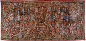 Flamandzki gobelin. Seria Honory. Sława (La Fama). Trzeci gobelin w serii. Wzorcowi rysownicy z kręgu Bernarda van Orleya i Jana Gossaerta (Mabuse). Manufaktura Pieter van Aelst, Bruksela. Około 1550. Tkanina Złoto, srebro, jedwab i wełna. autorstwa Bernard van Orley