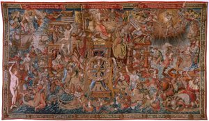 Flamandzki gobelin. Seria Honory. Fortuna, Droga do Honorów (La Fortuna, Camino de los Honores). Piąty gobelin z serii. Wzorcowi rysownicy z kręgu Bernarda van Orleya i Jana Gossaerta de Mabuse. Manufaktura Pieter van Aelst, Brusse