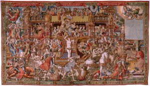Flamandzki gobelin. Seria Honory. Niesława (La Niesława). Szósty gobelin w serii. Wzorcowi rysownicy z kręgu Bernarda van Orleya i Jana Gossaerta (Mabuse). Manufaktura Pieter van Aelst, Bruksela. Około 1550. Tkanina Złoto, srebro, jedwab i wełna.