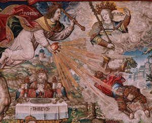 Flamandzki gobelin. Seria Honory. Sprawiedliwość (La Justicia, Los Honores). Dziewiąty gobelin w serii. Wzorcowi rysownicy z kręgu Bernarda van Orleya i Jana Gossaerta (Mabuse). Manufaktura Pieter van Aelst, Bruksela. ok. 1550. Tkanina Złoto, srebro, autorstwa Bernard van Orley