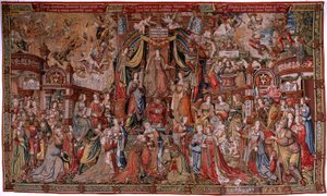 Flamandzki gobelin. Seria Honory. Sprawiedliwość (La Justicia, Los Honores). Dziewiąty gobelin w serii. Wzorcowi rysownicy z kręgu Bernarda van Orleya i Jana Gossaerta (Mabuse). Manufaktura Pieter van Aelst, Bruksela. ok. 1550. Tkanina Złoto, srebro, autorstwa Bernard van Orley