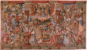 Flamandzki gobelin. Seria Honory; Szlachta (La Nobleza). Czwarty gobelin w serii. Wzorcowi rysownicy z kręgu Bernarda van Orleya i Jana Gossaerta (Mabuse). Manufaktura Pieter van Aelst, Bruksela. ok. 1550. Tkanina Złoto, srebro, jedwab i woo