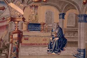 Flamandzki gobelin. Seria The Legend of the Madonna of the Sablon (Legenda Matki Bożej Sablon). Przybycie posągu Madonny. Produkcja w Brukseli. Rysownik Barend van Orley autorstwa Bernard van Orley