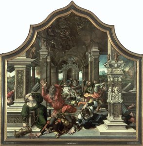 Zniszczenie Domu Hioba, centralny panel Tryptyku Cnoty Cierpliwości, 1521 autorstwa Bernard van Orley