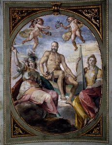 Alegoryczne przedstawienie Cosimo I, fresk, Bernardino Poccetti (1548-1612). Sufit Sala di Bona, Pałac Pitti, Florencja. Włochy