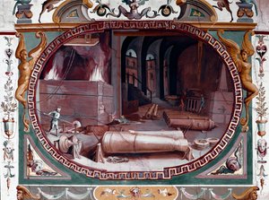 Reprezentacja warsztatu odlewni armat. Fresk Bernardino Barbatelli dit Poccetti (1548-1612) Florencja, Galeria Uffizi (Uffizi)