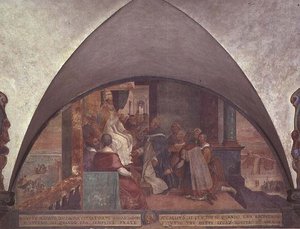 Św. Antonin przedstawia się papieżowi Eugeniuszowi III jako ambasador, luneta (fresk)