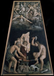 Boska broń wykuta w kuźni wulkanu na oczach aniołów leżących w chmurach, detal (fresk autorstwa Bernardino Luini
