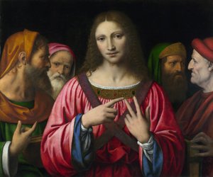 "Chrystus i doktorzy prawa" Obraz Bernardino Luiniego (1481-1532), ok. 1515-1530 wym. 72,4x85,7 cm Londyn, National Gallery - Luini, Bernardino (ok. 1480-1532) Chrystus wśród lekarzy Olej na drewnie ok. 1520 National Gallery, Londyn 72,4x85,7 autorstwa Bernardino Luini
