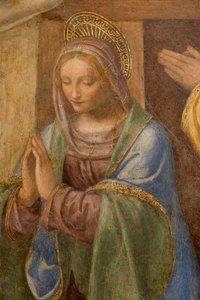 Szopka i adoracja pasterzy, ok. godz. 1520-1525. Detal (olej na panelu) autorstwa Bernardino Luini