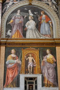 Święta Apollonia i Święta Łucja, u góry Ippolita Sforza w otoczeniu świętych i zakonnic, fresk Bernardino Luini w kościele Świętego Maurycego w klasztorze Maggiore, Mediolan, Lombardia, Włochy autorstwa Bernardino Luini