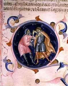 Miniatura dwóch kłócących się mężczyzn, z Biblii Karola V Walezego (welum) autorstwa Bernardino da Modena