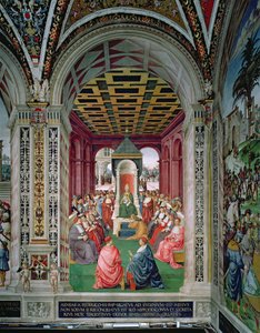 Eneasz Sylwiusz Piccolomini (1405-64) składa akt poddania się papieżowi Eugeniuszowi IV (1383-1447) 7 lutego autorstwa Bernardino di Betto Pinturicchio