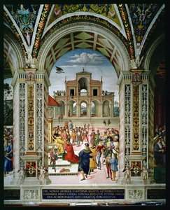 Eneasz Sylwiusz Piccolomini (1405-64) jest koronowanym poetą laureatem Fryderyka III (1415-93) w 1442 autorstwa Bernardino di Betto Pinturicchio