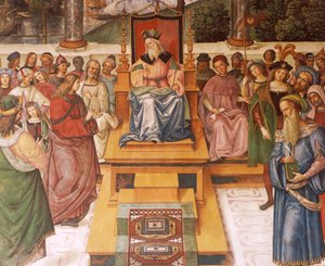Enea Silvio Piccolomini spotyka króla Szkocji Jakuba I, fragment z Opowieści Piusa II autorstwa Bernardino di Betto Pinturicchio