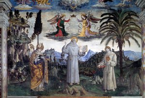 Chwała Bernardyna ze Sieny. Fragment świętego między św. Ludwikiem Andegaweńskim a św. Antonim z Padwy (fresk, ok.1486) autorstwa Bernardino di Betto Pinturicchio