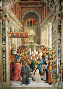 Włochy, Siena, Katedra, Biblioteka Piccolomini, Koronacja Papieża Piusa II, fragment z Opowieści Piusa II autorstwa Bernardino di Betto Pinturicchio