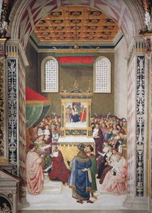 Włochy, Siena, Katedra, Biblioteka Piccolomini, Enea Silvio Piccolomini odbiera kapelusz kardynalski z Kaliksta III, fragment z Opowieści Piusa II autorstwa Bernardino di Betto Pinturicchio