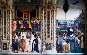 Pius II przybywający do Ankony, aby rozpocząć krucjatę (XVI wiek), fresk Pinturicchio (1452-1513), Biblioteka Piccolomini, katedra w Sienie, Toskania, Włochy autorstwa Bernardino di Betto Pinturicchio
