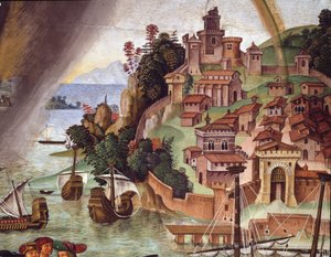 Papież Pius II idący na Sobór Bazylejski. Detal - Fresk autorstwa Bernardino di Betto Pinturicchio