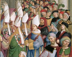 Kardynałowie przechodzą przez tłum świeckich obserwatorów, fragment z „Eneasz Sylwiusz Piccolomini (1405-64), wybrany na papieża imieniem Pius II, wchodzi do bazyliki św. Piotra”, 3 września 1458 autorstwa Bernardino di Betto Pinturicchio