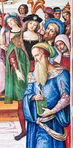 Biblioteka Piccolomini, ściana północno-wschodnia: „Eneasz Sylwiusz wygłasza orację przed królem Szkockim Jakubem I, zima 1435” autorstwa Bernardino di Betto Pinturicchio