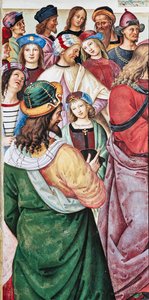 Biblioteka Piccolomini, ściana północno-wschodnia: „Eneasz Sylwiusz wygłasza orację przed królem Szkockim Jakubem I, zima 1435” autorstwa Bernardino di Betto Pinturicchio