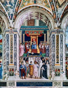 Biblioteka Piccolomini, ściana południowo-zachodnia: „Pius II kanonizuje św. Katarzynę ze Sieny, 29 czerwca autorstwa Bernardino di Betto Pinturicchio