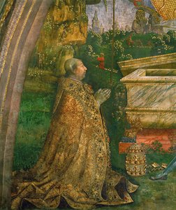 Zmartwychwstanie. Papież Aleksander VI Borgia klęczący przed pustym sarkofagiem (malowidło ścienne) autorstwa Bernardino di Betto Pinturicchio