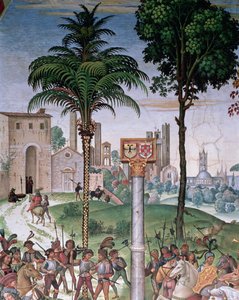 Widok Sieny z katedrą i Porta Camollia, fragment z „Eneasza Sylwiusza przedstawia Eleonorę Aragońską Fryderykowi III, 24 lutego 1452 autorstwa Bernardino di Betto Pinturicchio