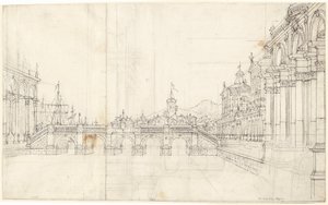 Capriccio pałaców i loggia z widokiem na klasyczny most autorstwa Bernardo Bellotto