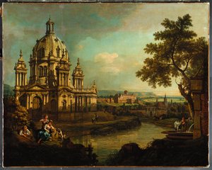 Capriccio z kopułą kościoła i zabudowań w Pirnie, ok.1765 autorstwa Bernardo Bellotto