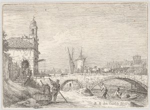Capriccio z mostem i budynkiem bramnym w stylu padewskiej Porta Portello autorstwa Bernardo Bellotto