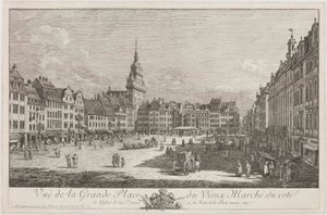 Altmarkt w Dreźnie widziany z Schlossstraße, plansza z cyklu „Widoki Drezna” autorstwa Bernardo Bellotto