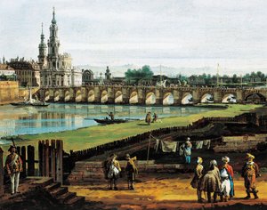 Drezno z prawego brzegu Łaby w górę rzeki od mostu Augusta, ok. 1750, autor: Bernardo Bellotto, znany jako Canaletto (1721-1780), olej na płótnie, 50x84 cm, detal autorstwa Bernardo Bellotto