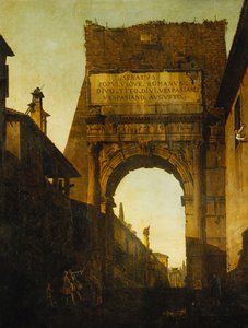 Łuk Tytusa, Rzym, z murem i bramą ogrodów Farnese oraz świątynią Kastora i Polluksa, na pierwszym planie dwóch turystów, autorstwa Bernardo Bellotto